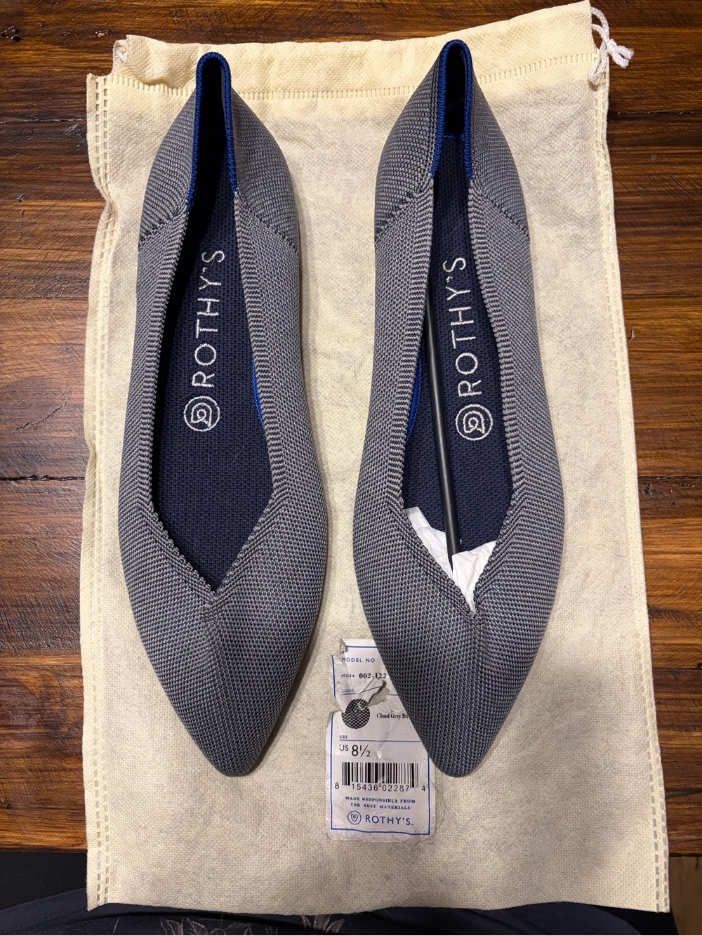 Rothy's Pointed Toe Flats in Gray with Blue Trim